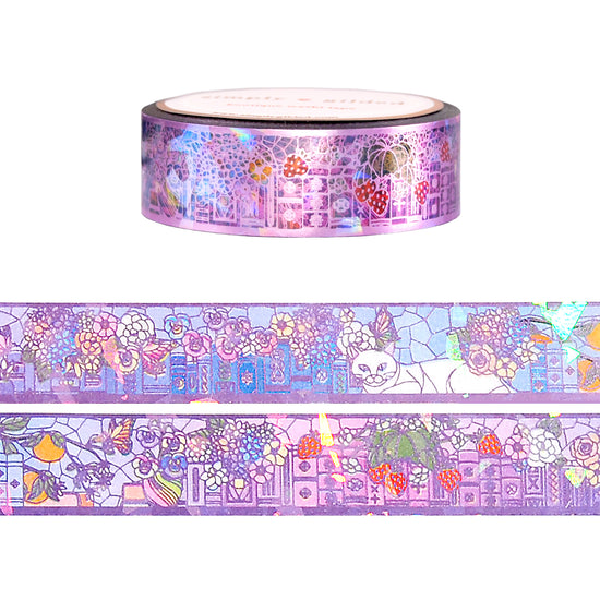 Floral & Fruit Stained Glass Whimsy Bookshelf PET tape (15mm + light purple foil / crystal iridescent overlay)