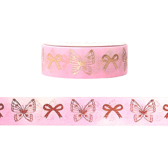 Sugar Plum Fairy Pink Butterfly & Bow washi (15mm + rose gold foil)