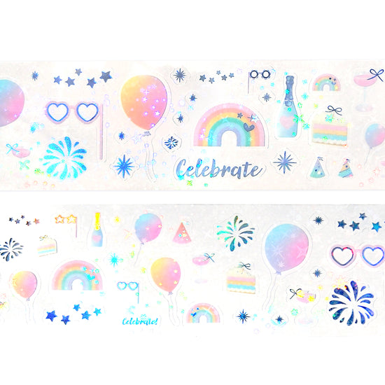 Cue the Confetti PET tape (50mm + silver holographic foil / starry iridescent overlay)