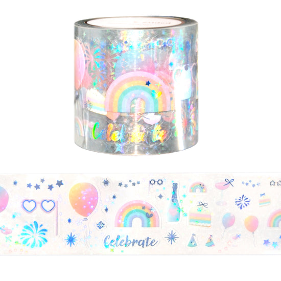 Cue the Confetti PET tape (50mm + silver holographic foil / starry iridescent overlay)