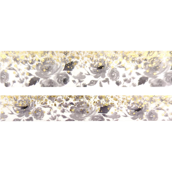 Simply Gilded Black & White Floral Stardust washi (15/10mm + light gold / light gold glitter holographic foil)