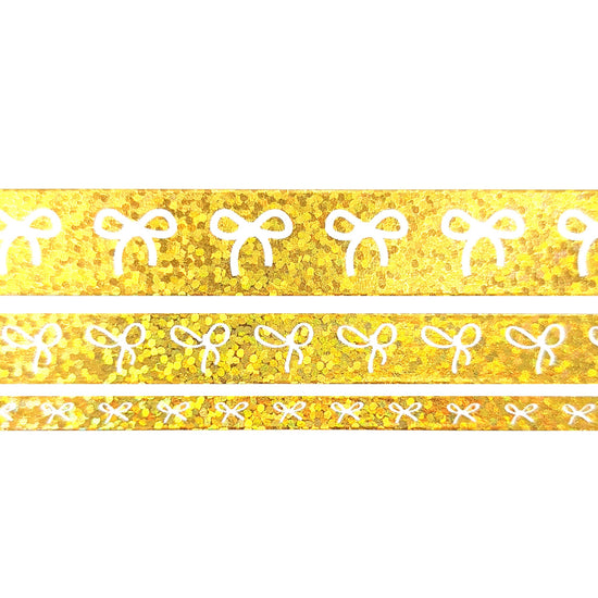 12 Days of Simply Gilded Gold Bubble Bow washi set of 3 (15/10/5mm + light gold holographic bubble foil / white bow)