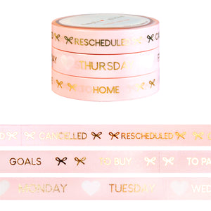 BUNDLE - PERFORATED WASHI TAPE 10mm set of 3 - PINK Days of the Week/Tasks/Cancelled + Lt. Gold - Restock
