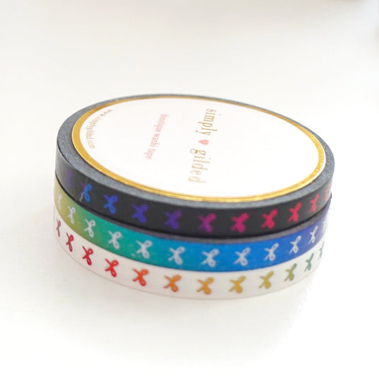 Rainbow Trio Veritcal Bow washi set of 3 (5mm + Black/White/Rainbow)
