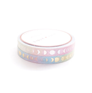 Perforated Moon Phase Pastel Rainbow washi set of 2 (6mm + light gold / silver holographic foil)