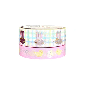 Rainbow Gingham Juniper and Chick washi set of 2 (15/10mm + light gold / iridescent bubble glitter overlay / silver foil) - Restock