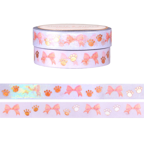 Purrrty Paws & Bows washi set of 2 (10mm + rose gold foil / iridescent overlay)