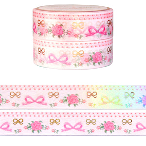 Valentine's Fair Isle Bows & Roses washi set of 2 (15mm + rose gold foil / iridescent overlay)
