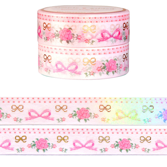 Valentine's Fair Isle Bows & Roses washi set of 2 (15mm + rose gold foil / iridescent overlay)