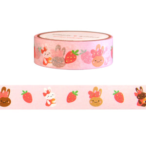 Cottagecore Juniper Strawberry Bunny washi (15mm + light gold foil)