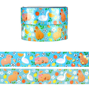 Capybara Onsen Teal Pattern washi set of 2 (15mm + light teal foil)