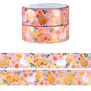 Capybara Onsen Pink Pattern washi set of 2 (15mm + light gold foil)