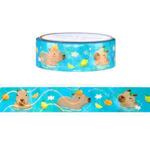 Capybara Onsen Relax washi (15mm + silver holographic foil / wavy iridescent overlay)