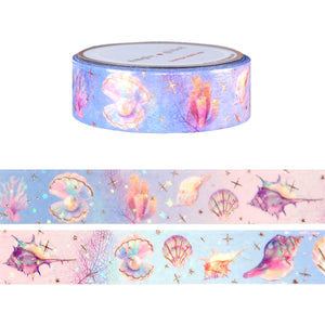 Enchanted Ocean Shell washi (15mm + rose gold foil / sparkle star iridescent overlay)