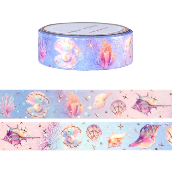 Enchanted Ocean Shell washi (15mm + rose gold foil / sparkle star iridescent overlay)