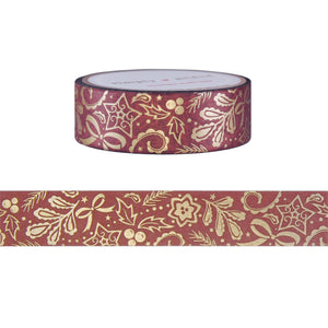 Burgundy Holiday Paisley washi (15mm + satin gold foil)