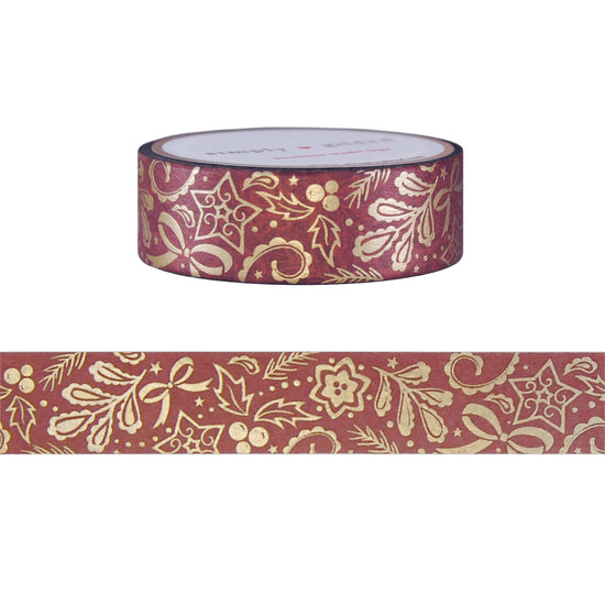 Burgundy Holiday Paisley washi (15mm + satin gold foil)