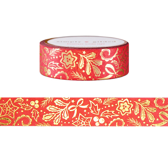 Festive Red Holiday Paisley washi (15mm + light gold foil)