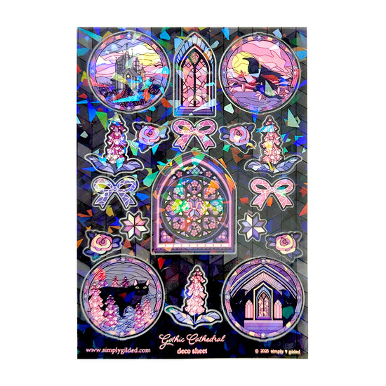 Gothic Cathedral Deco Stickers (purple holographic foil / shattered glass overlay) (you pick)
