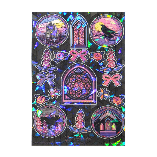 Gothic Cathedral Deco Stickers (purple holographic foil / shattered glass overlay) (you pick)
