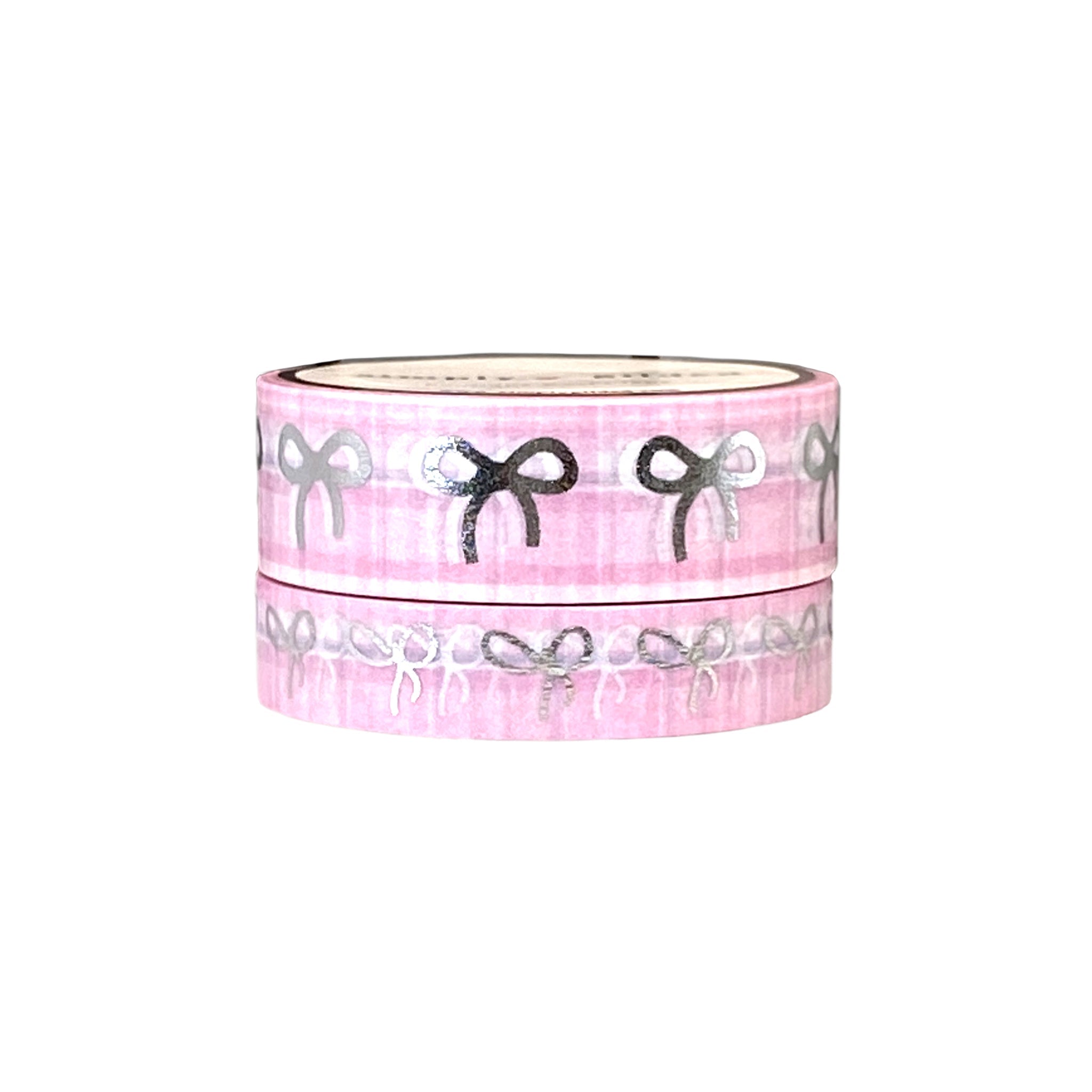 Pink & White Candy Striped Bow washi set (15/10mm + silver glitter