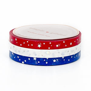 Patriotic Shooting Stars washi set of 3 (5mm + silver holographic sparkler foil)(Item of the Week)