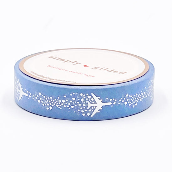 Periwinkle Sparkle Skyline Airplane washi (10mm + silver foil)(Item of the Week)