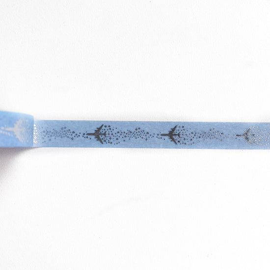 Periwinkle Sparkle Skyline Airplane washi (10mm + silver foil)