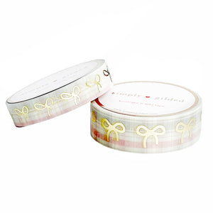 Soft Cream & Blush Pink Plaid Bow washi set (15/10mm + light gold foil)