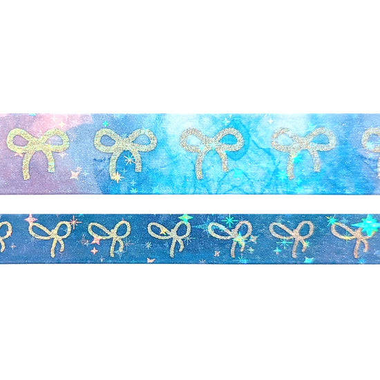 Tidal Ink Bow washi set (15/10mm + silver holographic foil / iridescent star overlay)