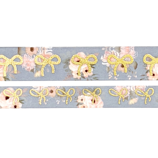 Dusty Blue & Peachy Floral Bow Washi Set (15/10mm + light gold foil)