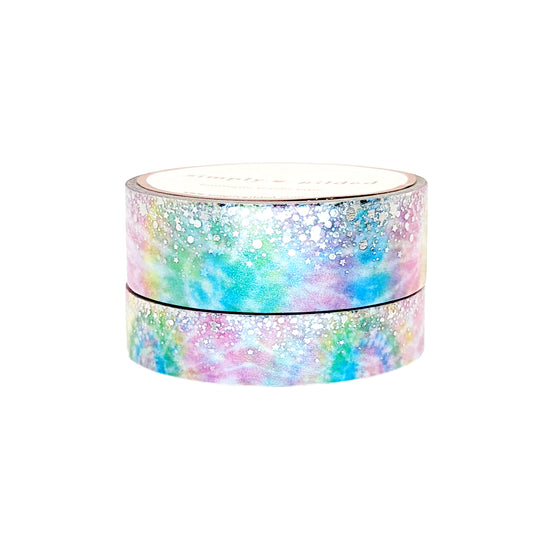 Tie-dye Rainbow Stardust Washi set (15/10mm + silver / silver swirl holographic foil)
