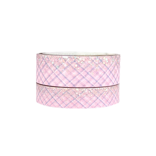 Cotton Candy Plaid Stardust Pink washi set (15/10mm + aurora pink / silver sparkler holographic foil)