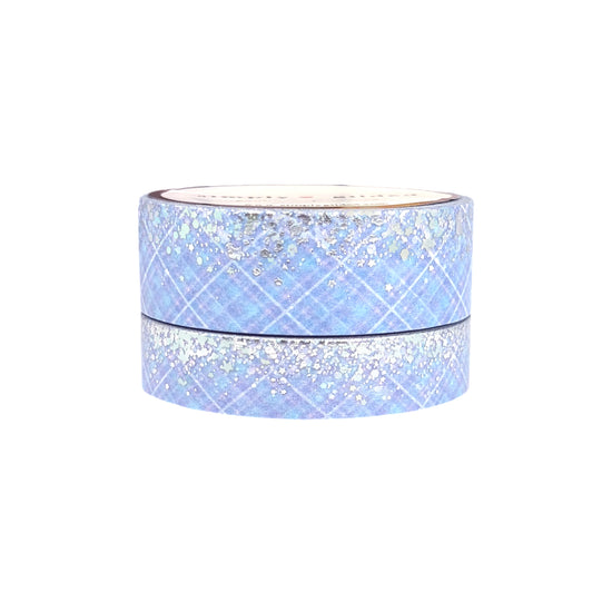 Cotton Candy Plaid Stardust Blue washi set (15/10mm + silver / silver sparkler holographic foil