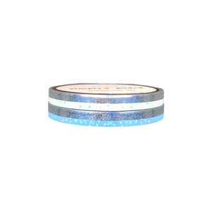 Baby Blue / White Color Block washi set of 2 (5mm + silver / iridescent bubble glitter overlay)