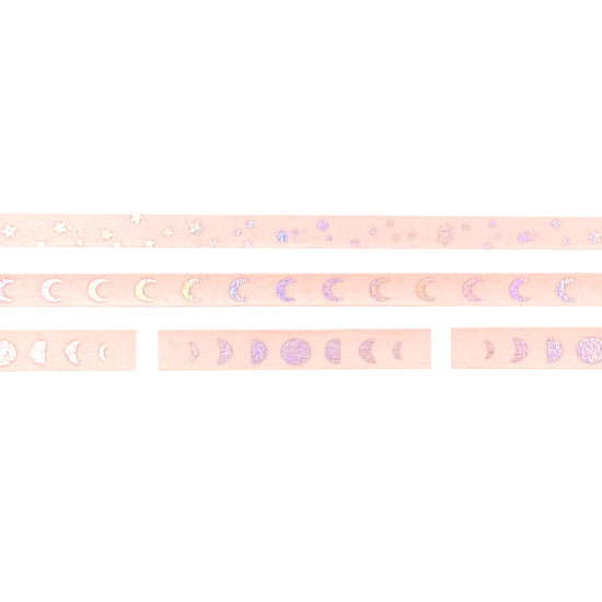 Pink Galaxy Mini Set of 3 Washi (5mm shooting star / 5mm crescent moon / 6mm moon phases perforated + aurora pink foil)