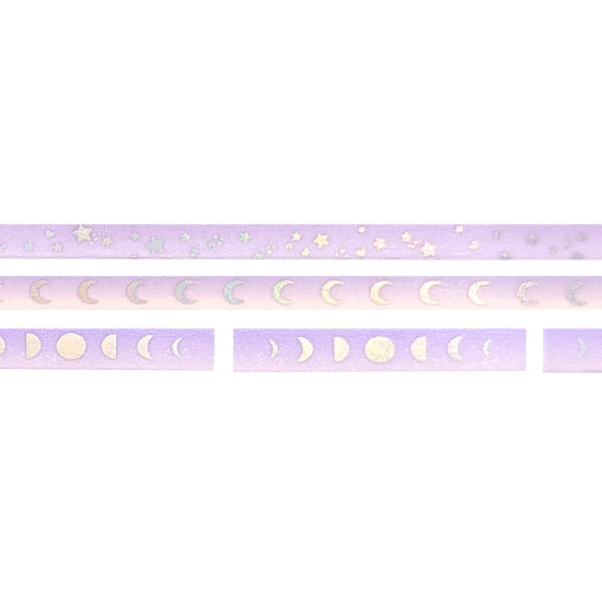 Purple Galaxy Mini Set of 3 Washi (5mm shooting star / 5mm crescent moon / 6mm moon phases perforated + silver holographic foil)