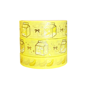 Banana Milk washi set of 3 (15/15/10mm + light gold foil + iridescent glitter overlay)
