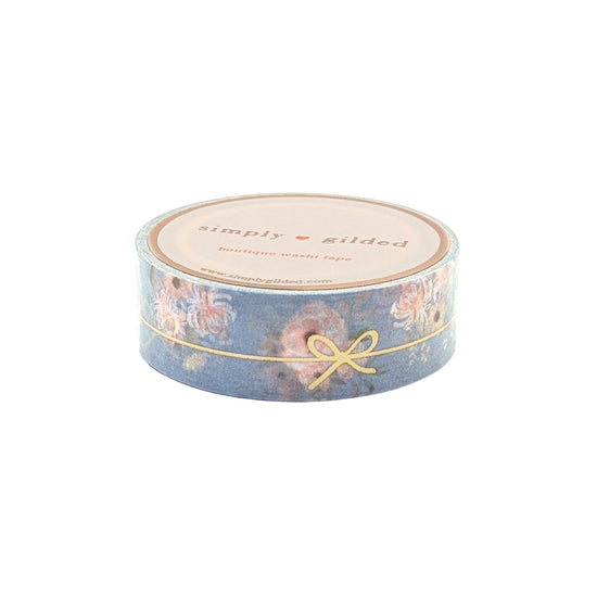 Dusty Blue & Peachy Floral Simple Bow Line Washi (15mm + light gold foil)