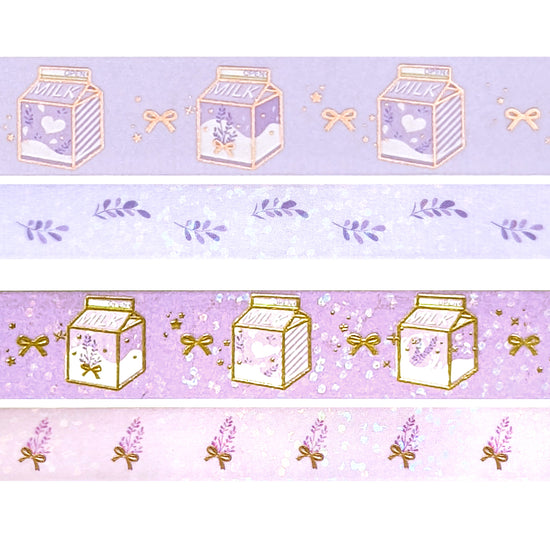 Lavender Milk washi set of 4 (15/15/10/10mm + rose gold foil + iridescent glitter overlay)