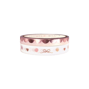 Sweet Perforated Scallop / Macaron & Bow washi set of 2 (6/7.5mm + rose gold foil / glitter overlay)