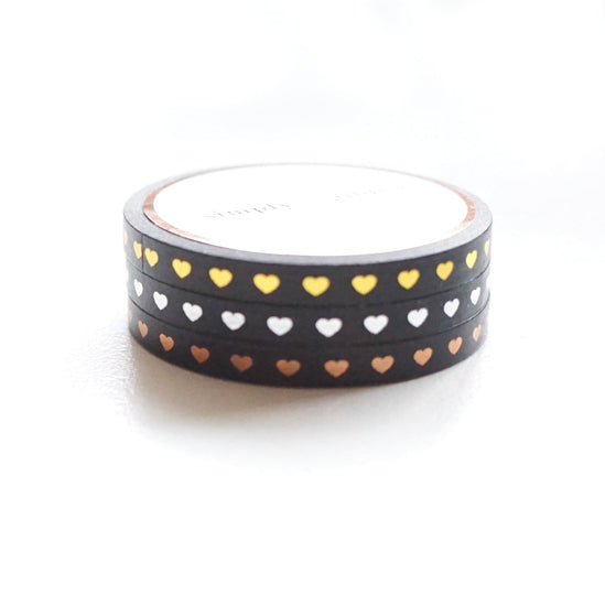 Black HEARTS washi set of 3 (5mm + light gold/silver/rose gold foil)