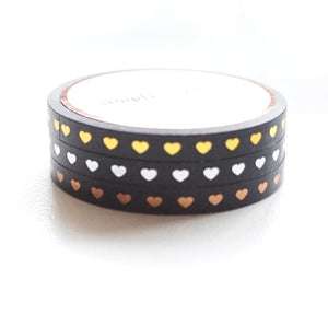 Black HEARTS washi set of 3 (5mm + light gold/silver/rose gold foil)