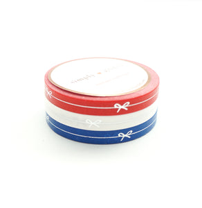 PERFORATED WASHI TAPE 6mm set of 3 - red/white/blue SIMPLE BOW LINE + silver foil (June 22nd Release)