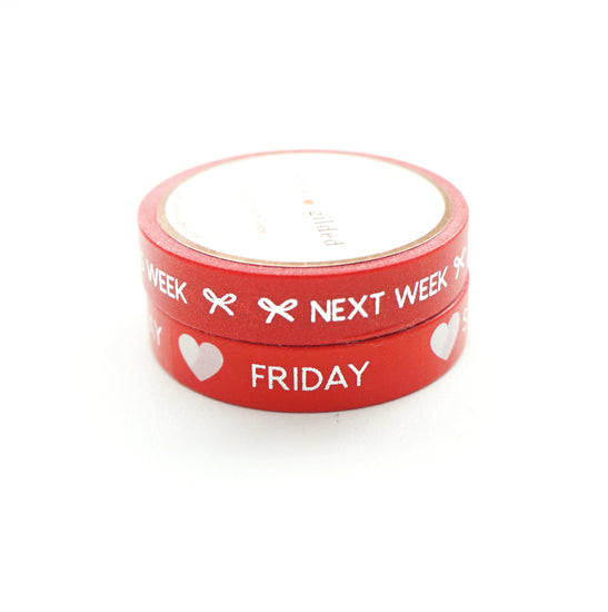 BUNDLE - PERFORATED WASHI TAPE 10mm set of 2 - Days of the Week & Tasks CLASSIC RED + silver foil text (June 22nd Release)