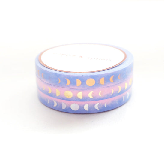 Perforated Moon Phase Pink / Blue Ombré washi set of 3 (6mm + light gold / rose gold / silver holographic foil) - Restock