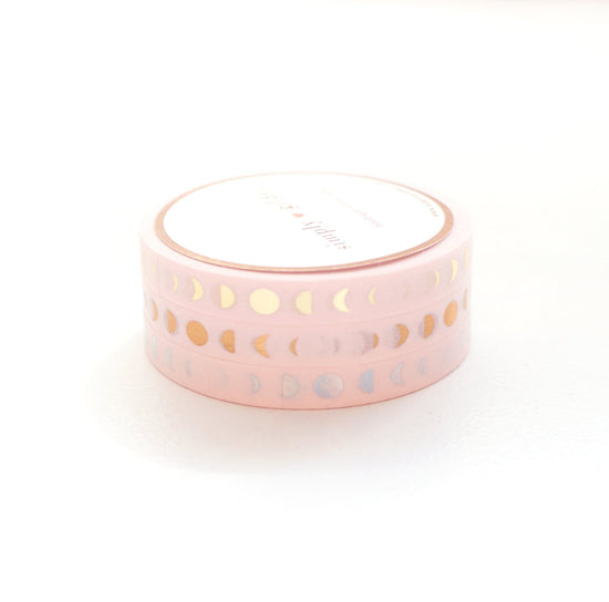 Perforated Moon Phase Classic Pink washi set of 3 (6mm + light gold / rose gold / silver holographic foil) - Restock