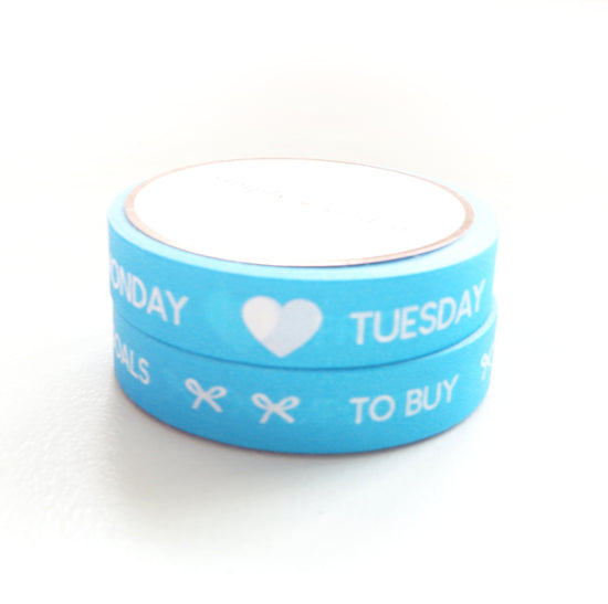 BUNDLE - PERFORATED WASHI TAPE 10mm set of 2 - Days of the Week & Tasks NEON BLUE + white text (June Mini Release)