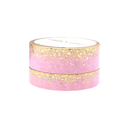 Pastel Pink Gumdrop Stardust 2.0 washi set (15/10mm + light gold / gold glitter holographic foil)