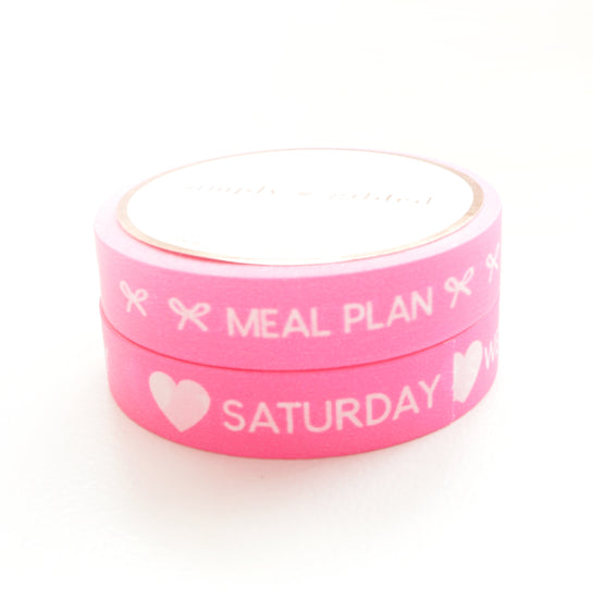 BUNDLE - PERFORATED WASHI TAPE 10mm set of 2 - Days of the Week & Tasks NEON PINK + white text